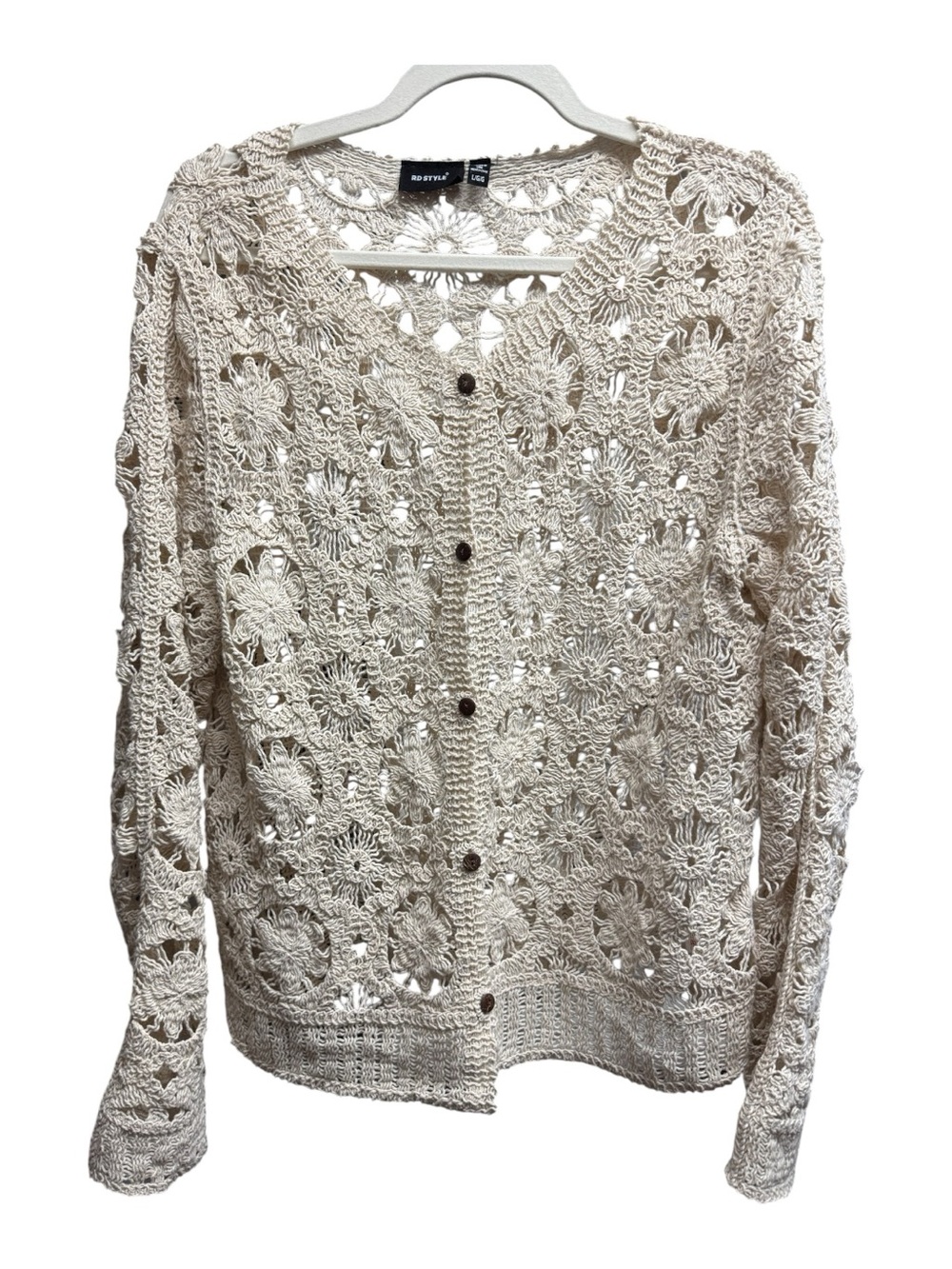 RD Style Cream 100% Cotton Crochet Cardigan L Cottagecore Coquette Fairycore